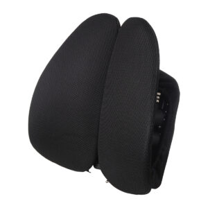 Almofada lombar ergonômica ajustável preta com mola de suporte e 5 níveis de regulagem para cadeira ou carro.
