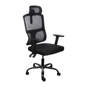 Cadeira de escritório ergonômica preta Mash com encosto em tecido mesh respirável, braços ajustáveis em 2D e base reforçada em aço galvanizado