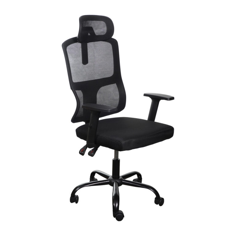 Cadeira de escritório ergonômica preta Mash com encosto em tecido mesh respirável, braços ajustáveis em 2D e base reforçada em aço galvanizado