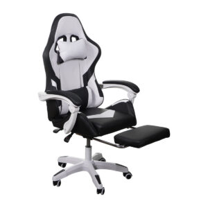 Cadeira gamer preta e branca com encosto alto, almofadas lombar e cervical removíveis, braços fixos acolchoados e base reforçada branca