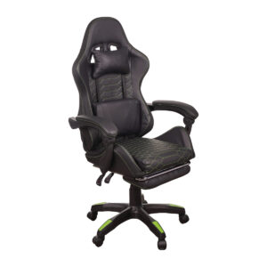 Cadeira gamer ergonômica preta com encosto alto, costura hexagonal, almofadas lombar e cervical e base reforçada com detalhes verdes nos rodízios
