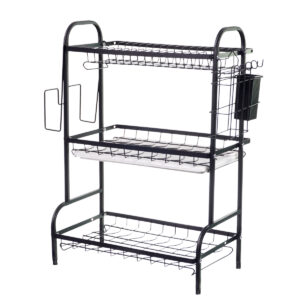 Escorredor de pratos e tigelas de canto em aço carbono com prateleiras de múltiplos níveis e bandeja removível para drenagem