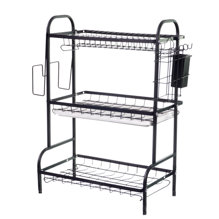 Escorredor de pratos e tigelas de canto em aço carbono com prateleiras de múltiplos níveis e bandeja removível para drenagem