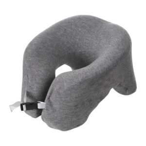 Travesseiro de viagem ergonômico cinza com espuma de memória e fecho ajustável para pescoço