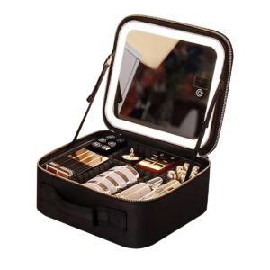 Bolsa de maquiagem preta com espelho de vidro temperado, luz LED de 3 cores e compartimentos para 30 produtos