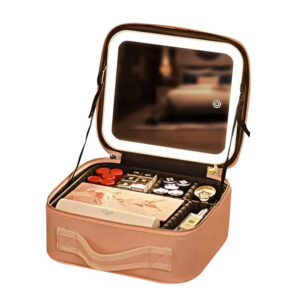 Bolsa de maquiagem rosa com espelho de vidro temperado, luz LED de 3 cores e compartimentos para até 30 produtos