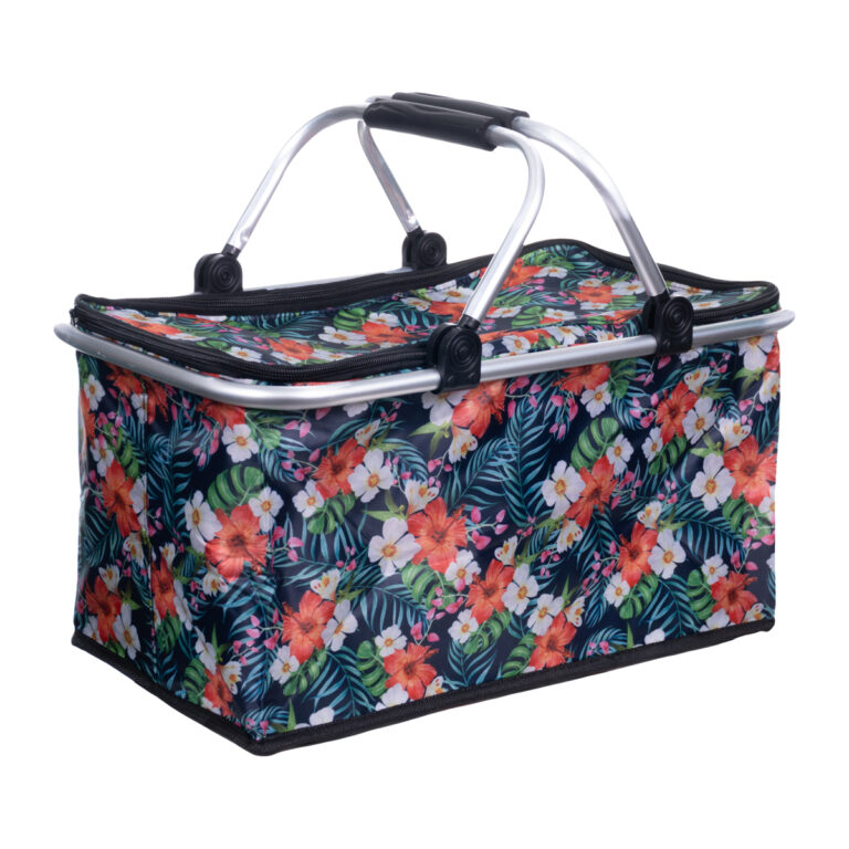 Cesta de piquenique térmica dobrável floral açucena com alça de transporte e isolamento térmico duplo para manter alimentos e bebidas frios ou quentes.
