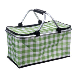 Cesta de piquenique térmica dobrável verde com alça de transporte e isolamento térmico duplo para manter alimentos e bebidas frios ou quentes.