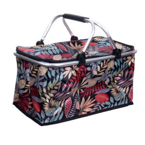 Cesta de piquenique térmica dobrável tropical colorida com alça de transporte e isolamento térmico duplo para manter alimentos e bebidas frios ou quentes.