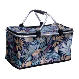 Cesta de piquenique térmica dobrável tropical azulada com alça de transporte e isolamento térmico duplo para manter alimentos e bebidas frios ou quentes.
