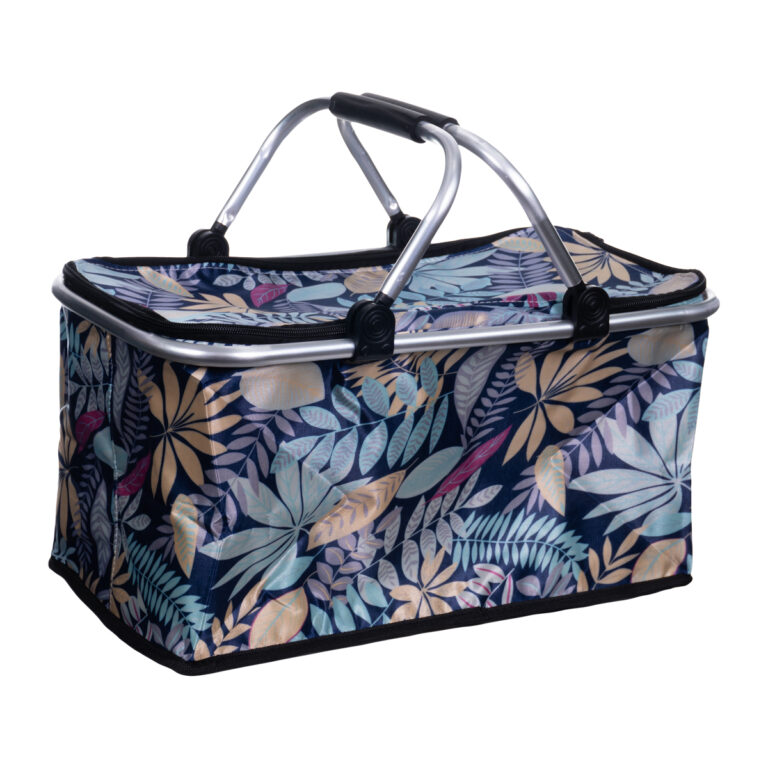 Cesta de piquenique térmica dobrável tropical azulada com alça de transporte e isolamento térmico duplo para manter alimentos e bebidas frios ou quentes.
