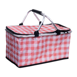 Cesta de piquenique térmica dobrável amarela com alça de transporte e isolamento térmico duplo para manter alimentos e bebidas frios ou quentes.