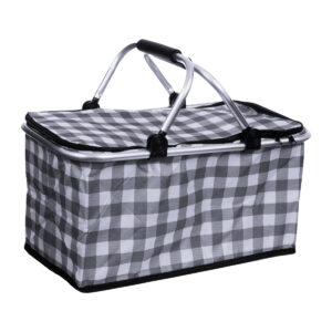 Cesta de piquenique térmica dobrável preta e branca com alça de transporte e isolamento térmico duplo para manter alimentos e bebidas frios ou quentes.