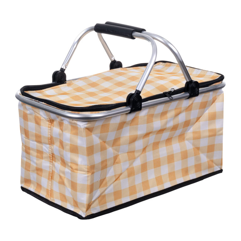 Cesta de piquenique térmica dobrável amarela com alça de transporte e isolamento térmico duplo para manter alimentos e bebidas frios ou quentes.
