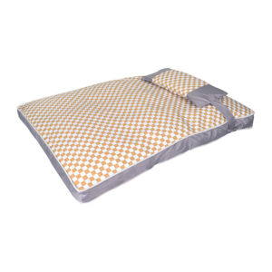 Cama pet Oxford xadrez amarela tamanho P com fundo antiderrapante e tecido impermeável para cães e gatos.
