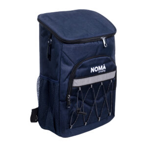 Bolsa térmica organizadora azul com 30L, forro de alumínio e abridor de garrafas integrado.