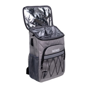 Bolsa térmica organizadora cinza e azul com 30L, forro de alumínio e abridor de garrafas embutido.