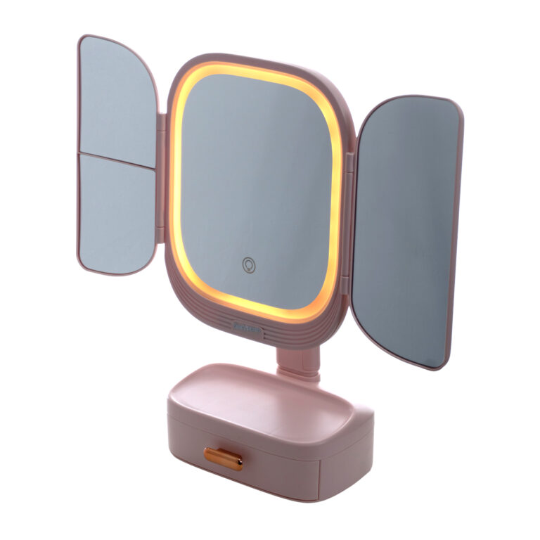 Espelho de maquiagem rosa com luz LED, ampliação 2×/3× e base giratória 360°.