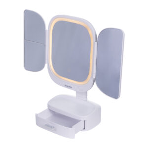 Espelho de maquiagem branco com luz LED, ampliação 2×/3× e base giratória 360°.