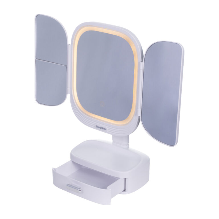 Espelho de maquiagem branco com luz LED, ampliação 2×/3× e base giratória 360°.