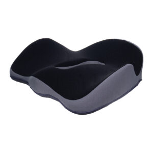Almofada ortopédica preta com espuma de memória e design ergonômico curva W para assento confortável e suporte lombar.