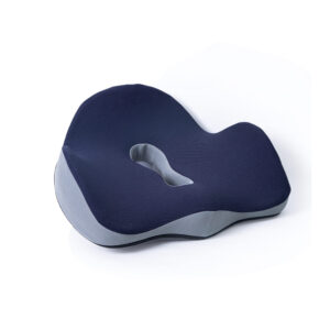 Almofada ortopédica azul com espuma de memória e design ergonômico curva W para assento confortável e suporte lombar.