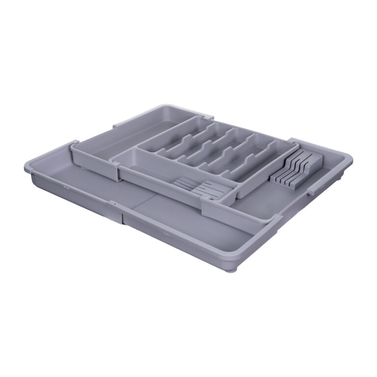 Organizador de gaveta para talheres com 9 compartimentos em PP cinza, ideal para cozinha organizada e funcional.