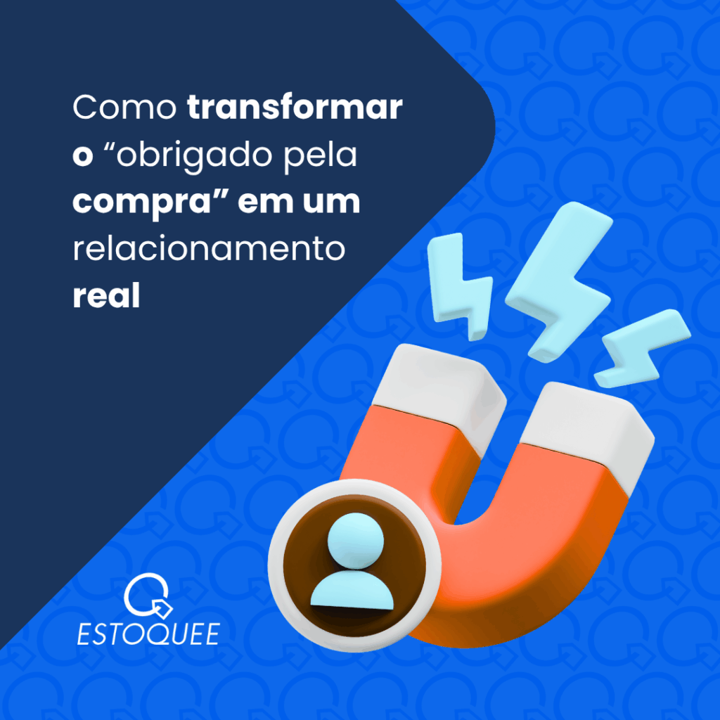 Ilustração de pós-venda no e-commerce mostrando vendedor enviando mensagem personalizada para cliente satisfeito, representando como transformar o “obrigado pela compra” em um relacionamento duradouro e gerar fidelização real.