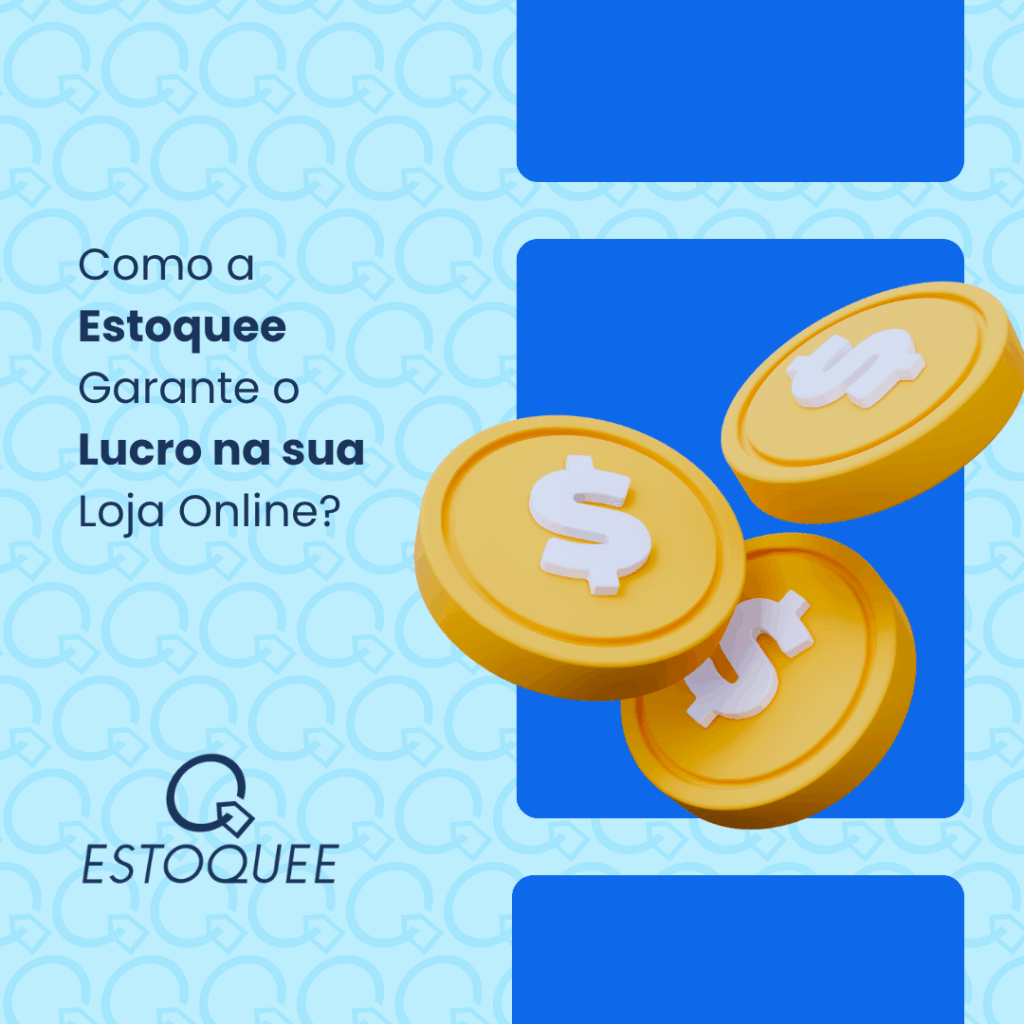 Card ilustrado com moedas douradas e a pergunta “Como a Estoquee Garante o Lucro na sua Loja Online?”, acompanhado do logo da Estoquee sobre fundo azul claro com padrão gráfico. Ideal para conteúdo sobre estratégias de margem e fornecimento no e-commerce.