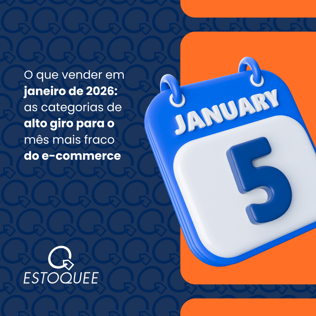 Arte com calendário de 5 de janeiro destacando o tema ‘O que vender em janeiro de 2026: categorias de alto giro para o mês mais fraco do e-commerce’, com a identidade visual da Estoquee ao fundo.”